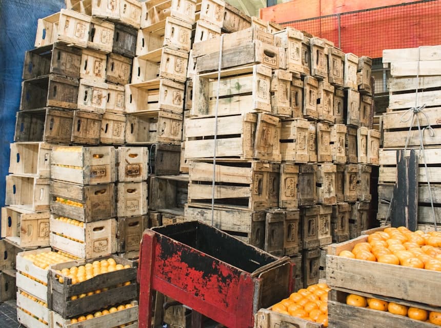 Crates of fruit prepared for distribution